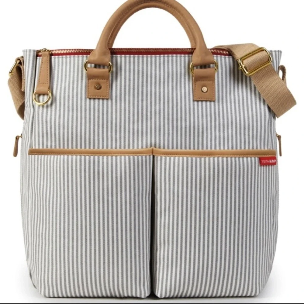 Skip Hop Duo Signature Diaper Bag Grey White Stripe Canvas Tote